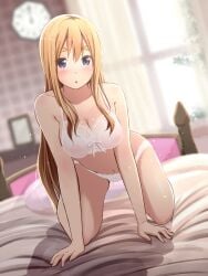 1girls bedroom big_eyebrows blonde_hair blue_eyes blush bra cleavage female hands_on_bed k-on! kneeling_on_bed leaning_forward looking_at_viewer panties tagme tateshina tsumugi_kotobuki_(k-on!) underwear_only very_long_hair