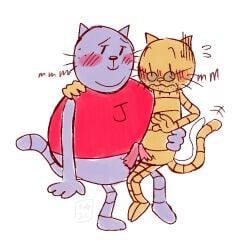 2025 anthro big_jim_(dog_man) blush dogman_(series) domestic_cat duo erection eyewear felid feline felis genitals glasses grampa_(dog_man) hi_res male mammal ohmeowgay overweight overweight_male penis simple_background sitting white_background