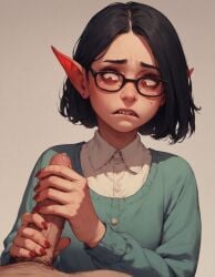 1boy 1girls ai_generated clothed_female_nude_male cute dark_hair failure female first_time glasses handjob interspecies leaking_precum male nerd orc orc_female original_character pointy_ears precum rtxfus rtxfus34 sharp_teeth short_hair shy young