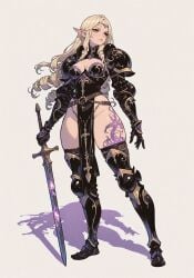 adventurer ai_assisted ai_generated armor bare_hips bare_thighs belts black_armor black_clothing boob_window breast_plate buckles circlet civitai curvy curvy_female czero2011 dark_knight digital_media_(artwork) dnd dnd_homebrew drill_hair dynamic_pose elf elf_female elf_girl engraving fancy_clothing fantasy female female_only fully_clothed gauntlets glowing_markings glowing_tattoo gold_eyes greaves holding_sword holding_weapon knight knight_armor long_hair looking_away medium_breasts original_character original_female_character pale-skinned_female pale_skin pelvic_curtain platinum_blonde_hair plump_lips pointy_ears sfw shadow simple_background skinny_female solo solo_female standing straps sword tattoos thick_thighs thigh_high_boots thin_waist vambraces wide_hips