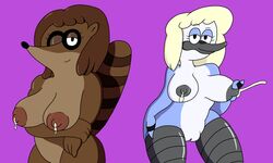 2015 anthro avian barbera_(regular_show) big_breasts bird blue_jay breasts brown_fur brown_hair cartoon_network corvid duo erect_nipples feathers female fur hair hilary_(regular_show) lactation looking_at_viewer mammal mature_female milk mordecai's_mom mother mr.under nipples nude parent pussy raccoon regular_show rigby's_mom simple_background smile wide_hips