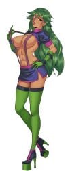 abs arianne_(hentai_heroes) boots breasts cg dark-skinned_female dark_skin date_arianne_(hentai_heroes) female full_body garter_straps gloves green_hair green_lips green_skirt hentai_heroes high_heel_boots high_heels kinkoid large_breasts lipstick long_hair looking_at_viewer makeup medium_breasts microskirt miniskirt muscular muscular_female navel official_art parody poison red_eyes revealing_clothes shoes skirt smile solo standing suspenders thighhighs transparent_background