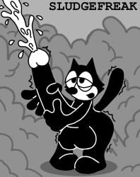 anthro big_ass big_penis black black_body black_eyes black_fur black_nose bottom_heavy cartoony crossed_eyes cum cum_face cumming ejaculation excessive_cum fart fart_cloud fart_everywhere fart_fetish farting feline felix_the_cat felix_the_cat_(series) gas_cloud half-closed_eyes huge_ass huge_balls huge_cock hyper hyper_balls hyper_cock hyper_cum hyper_genitalia hyper_penis hyper_testicles male male_fart male_farting male_only monochrome motion_lines nude orgasm orgasm_face relief sludgefreak tail thick_thighs toony universal_studios