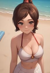 1girl 1girls ai_generated avatar_the_last_airbender bare_shoulders beach beach_background belly_button big_breasts bikini bikini_only blush braid breasts brown_hair erslait female female_focus female_only hazel_eyes large_boobs large_breasts long_hair looking_at_viewer navel ponytail sand seductive smile smiling smiling_at_viewer tagme ty_lee white_bikini white_bra