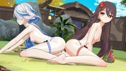 2girls 3d amber_eyes ass_to_ass blender blenderchad blue_eyes cute feet flower_in_hair furina_(genshin_impact) genshin_impact heterochromia hot_spring hoyoverse hu_tao_(genshin_impact) kneeling looking_at_another looking_back micro_bikini nipples outdoors side_view skimpy slim_waist small_breasts tagme thighs twintails wet_body wet_skin