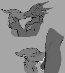 anthro arm_spikes balls blizzard_entertainment blush bodily_fluids cindesh cum cum_in_mouth cum_inside cum_on_chin deep_throat dracthyr dragon duo european_mythology facial_spikes fangs fellatio female female_focus genital_fluids genitals hi_res horn humanoid kissing male male/female monochrome mythological_creature mythological_scalie mythology oral oral_penetration penetration penile penis saliva saliva_on_penis scalie sex spikes spikes_(anatomy) teeth tohaakart warcraft western_dragon zeranthal
