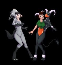 2019 anthro black_background black_body black_fur black_hair black_nose bottomless breasts brown_hair claws clothed clothing colored countershade_face countershade_torso countershading duo duo_transformation eyewear female forced forced_transformation fur gender_transformation generation_2_pokemon generation_3_pokemon genitals glasses glistening goo_transformation green_clothing green_shirt green_topwear growth hair hi_res horn houndoom human human_to_anthro leg_markings looking_up male mammal markings mightyena mtf_transformation navel nintendo nipples_through_clothes nude pokemon pokemon_(species) pussy red_body red_countershading shirt simple_background snout snout_growth socks_(marking) spade_tail species_transformation suit_transformation tail tomek1000 topwear transformation