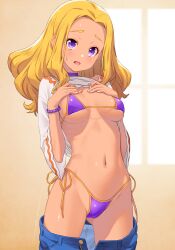 1girl amamiya_elena bikini bikini_under_clothes blue_shorts blush bracelet breasts cameltoe choker clothes_lift clothes_pull cowboy_shot d: dark-skinned_female dark_skin female hands_on_own_chest highleg highleg_bikini highres jewelry kazuma_muramasa lifting_own_clothes long_hair looking_at_viewer medium_breasts mole mole_under_eye navel open_fly open_mouth precure purple_bikini purple_choker shirt shirt_lift shorts shorts_pull side-tie_bikini_bottom sidelocks small_sweatdrop solo star_twinkle_precure string_bikini swimsuit unbuttoned unzipped wavy_hair white_shirt window_shadow