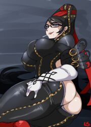 alternate_breast_size ass ass_cleavage ass_crack backless bayonetta bayonetta_(character) black_hair bodysuit breasts bubble_ass bubble_butt butt_crack female female_only glasses gloves huge_breasts large_breasts lightsource lollipop long_hair mole on_side solo tight_clothes