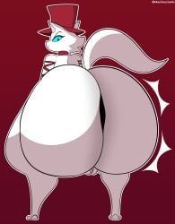 2023 anthro ass big_butt black_eyes blue_sclera clothing digital_drawing_(artwork) digital_media_(artwork) domestic_cat felid feline felis female fur genitals gradient_background hat headgear headwear hi_res huge_butt looking_back mammal mechaclank outline pink_inner_ear pink_nose purrue_(mechaclank) pussy red_background red_clothing red_hat red_headwear simple_background solo tail thick_thighs twerking unimpressed white_body white_ears white_fur white_outline white_tail