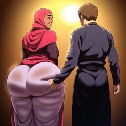 ai_generated ass d-art_style dark-skinned_female dark_skin fat_ass female from_behind gilf groping_ass hijab huge_ass male male/female mature_female milf tan_skin wide_hips