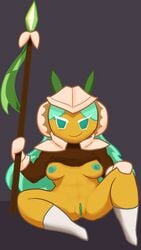 2015 anthro boots breasts cookie cookie_run cookie_run_ovenbreak cookiephilia female food gloves green_eyes green_hair hair headgear helmet long_hair nipples pistachio_cookie prurientpie pussy smile solo spear spreading weapon