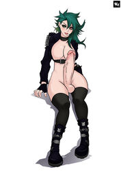 1futa aqua_hair balls boots breasts brow_piercing choker cleavage ear_piercing earrings erection fingerless_gloves futa_only futanari gloves heterochromia intersex jacket knightgawain large_breasts large_penis long_hair penis piercing sitting solo testicles thighhighs uncensored