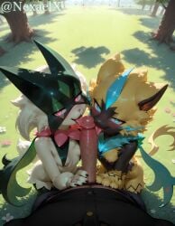 ai_generated anthro anthro_on_human black_body black_fur blowjob blue_eyes breasts double_fellatio female furry green_body green_fur green_skin human_on_anthro meowscarada nexaelx nipples nude nude_anthro nude_female pink_eyes pokemon pokemon_(species) small_breasts stable_diffusion threesome yellow_fur yellow_hair zeraora