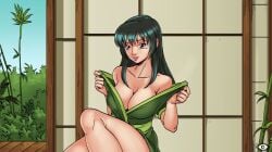 bare_shoulders black_hair blush breasts cg cleavage collarbone female hentai_heroes kasumi_(doa) kinkoid large_breasts lips lipstick long_hair looking_at_viewer makeup off_shoulder official_art open_door parody parted_lips purple_eyes rumiko_(hentai_heroes) shouji sitting sliding_doors smile solo thighs undressing