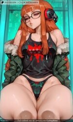 ai_generated bangs bare_shoulders behind-the-head_headphones black-framed_eyewear black_camisole blunt_bangs bow_panties breasts cameltoe cuckingmama female female_pubic_hair fur-trimmed_coat fur-trimmed_jacket fur_collar fur_trim glasses green_coat green_jacket headphones indoors jacket long_hair off_shoulder open_clothes orange_hair panties plump sakura_futaba shiny shiny_skin shirt sitting solo tagme thick_thighs thighs underwear