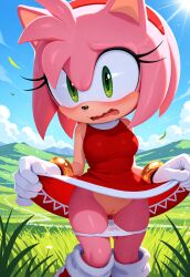 ai_generated amy_rose anthro bangle blush bodily_fluids bracelet clothed clothing cloud dress embarrassed eulipotyphlan female fur furry furry_only genital_fluids genitals gloves green_eyes handwear hedgehog hi_res hill hips jewelry mammal panties panties_down partially_clothed pink_body pink_fur pussy pussy_juice sega sky solo solo_focus sonic_the_hedgehog_(series) underwear underwear_down wind