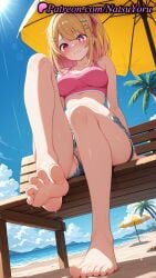 1girls 2025 ai ai_assisted ai_generated anime anime_style barefoot beach blonde_hair blush breasts day denim_shorts feet fetish foot_fetish foot_focus foreshortening hair_ornament hairclip hentai hi_res high_quality high_resolution highres hoshino_ruby legs looking_at_viewer natsuyoru non-asian oshi_no_ko outdoors partially_visible_vulva patreon pink_eyes pov_feet short_shorts shorts sitting soles solo sports_bra stable_diffusion star-shaped_pupils toenails toes umbrella voluptuous voluptuous_female