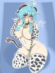 bikini blue_hair cow_tail cowbell cowgirl ganyu_(genshin_impact) genshin_impact huge_ass huge_breasts open_mouth stockings