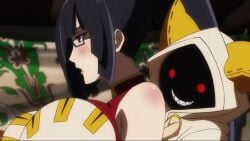 2girls animated bangs big_breasts black_bra black_hair blazblue blonde_hair blush bouncing_breasts bra braided_hair buttons cat_ears chinese_clothes cleavage english_voice_acting exposed_shoulders glasses grabbing_another's_breast green_ribbons grope groping groping_breasts hoodie litchi_faye_ling long_hair moan open_clothes orgasm ponytail red_eyes red_shirt semi-rimless_eyewear sharp_teeth sleeves stomach tagme talking taokaka video yuri