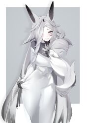 animal_ears blush breasts closed_mouth dress dya_rikku_(vtuber) female grey_hair hair_over_one_eye long_dress long_hair long_sleeves looking_at_viewer monochrome smile solo standing striped striped_background tail vertical_stripes very_long_hair vyugen white_dress