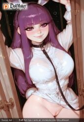 against_glass ai_generated animal_ears arms_up bangs blunt_bangs blush bottomless breasts breasts_on_glass collar dollmaker eyebrows_visible_through_hair fake_animal_ears fake_tail female large_breasts long_hair looking_at_viewer playboy_bunny purple_eyes purple_hair pussy rabbit_ears rabbit_girl rabbit_tail see-through shirt sitting smile solo tagme tail tashkent_