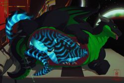 3:2 anal anal_vore black_body blue_body blue_stripes colon dragon duo ejaculation feral genitals glowing glowing_genitalia glowing_markings glowing_penis green_body green_eyes green_penis grey_horn hi_res horn male male/male markings multi_horn mythological_creature mythological_scalie mythology orgasm orgasm_face overweight overweight_male penis scalie seregore stripes vore wings