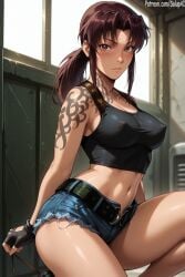 1girls ai_generated bangs black_lagoon breasts brown_eyes brown_hair clothed female female_only long_hair looking_at_viewer medium_breasts navel nipples nipples_visible_through_clothing patreon ponytail revy salupai shorts solo solo_female tattoo topwear uncensored watermark