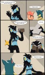 2015 3:5 anthro barely_visible_genitalia barely_visible_pussy biped black_border blue_body book border breasts cindy_(swack16) closed_eyes colored comic dialogue eye_contact featureless_breasts female female_anthro fur furniture generation_1_pokemon generation_2_pokemon generation_4_pokemon genitals glistening glistening_body group hair hi_res holding_object kirara_(swack16) lina_(swack16) looking_at_another luxray male markings motion_lines nintendo nude open_mouth orange_body pokemon pokemon_(species) pussy quilava reading red_sclera simple_background speech_bubble standing tail text trio vulpix wolferion yellow_markings