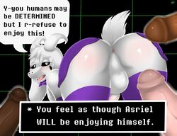 1boy 2015 anthro anus asriel_dreemurr asriel_dreemurr_(god_form) ass balls blush boss_monster caprine clothing dark_skin erection fur goat group hair hi_res human imminent_sex keigai legwear looking_at_viewer male male_focus male_only mammal nude open_mouth penis simple_background tattoo text tongue undertale video_games yaoi