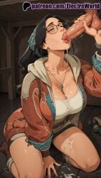 1boy 1girls 2025 ai_generated alma_(monster_hunter_wilds) artist_name balls black_hair blowjob blowjob_face boots breasts brown_footwear bust chest cleavage cock cum cum_in_mouth cum_on_ass cum_on_body cum_on_breasts cum_on_clothes cum_on_glasses cum_on_tongue cumdrip dick electroworld fellatio female glasses hi_res high_quality high_resolution highres hood huge_cock jewelry kneeling large_testicles licking male monster_hunter monster_hunter_wilds necklace oral oral_sex patreon patreon_username penis solo_focus stable_diffusion straight sucking testicles thighs tongue tongue_out uncensored veiny_penis watermark