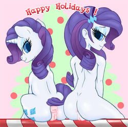 2015 2girls animal_genitalia anus ass blue_eyes christmas cutie_mark dual_persona duo english_text equestria_girls equine equine_pussy female feral friendship_is_magic hair holidays horn human humanized looking_back mammal my_little_pony nude puffy_anus purple_hair pussy rarity_(eg) rarity_(mlp) sitting smile square_crossover stradivarius text unicorn