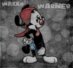 abstract_background animaniacs balls black_fur clothed clothing ekuhvielle fur gloves hat male mammal partially_clothed penis presenting smile solo text tongue tongue_out trunks uncut wakko_warner warner_brothers