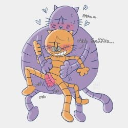 1:1 2025 animal_genitalia animal_penis anthro balls big_jim_(dog_man) blush bodily_fluids dogman_(series) domestic_cat duo english_text erection eyewear felid feline feline_genitalia feline_penis felis genital_fluids genitals glasses grampa_(dog_man) heart_symbol hi_res male mammal ohmeowgay overweight overweight_male penis precum purple_body simple_background text