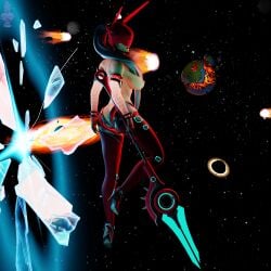 3d armour athletic_female blender breasts captain_hypatia_(fortnite) cybernetics disembodied_limbs facing_away_from_viewer floating flowing_hair fortnite haziest_mirage helmet helmet_over_eyes looking_back mechanical_arms mechanical_legs partially_nude space spacesuit spear