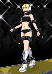 1girls ankle_cuffs ball_gag blonde_hair blue_eyes catwalk collar cuff_(restraint) female female_focus femsub gag gagged high_heels leather_collar leather_cuffs plasma-dragon platform_heels shiny_clothes wrist_cuffs