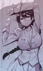 arm_up blush braid breasts breath cleavage commentary_request female female_focus glasses grey_theme hanekawa_tsubasa jacket large_breasts long_hair long_sleeves looking_at_viewer lying monochrome monogatari_(series) on_back parted_lips purple_theme semi-rimless_eyewear single_braid sketch skirt solo tomohiro_kai under-rim_eyewear upper_body