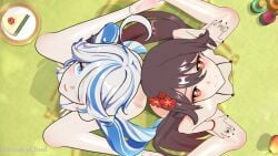 2girls 3d amber_eyes blender blenderchad blue_eyes cleavage cute flower_in_hair furina_(genshin_impact) genshin_impact heterochromia hot_spring hoyoverse hu_tao_(genshin_impact) kneeling looking_up micro_bikini outdoors skimpy slim_waist small_breasts tagme thighs twintails wet_body wet_skin