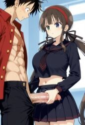 1boy 1girl abs ahoge ai_generated black_hair black_serafuku black_skirt blue_eyes blush breasts brown_hair clothing crop_top crossover erection female green_eyes hair_ribbon hairband handjob hetero heterochromia large_breasts large_penis long_hair looking_at_another low_twintails male midriff monkey_d_luffy navel one_piece open_clothes open_shirt penis pleated_skirt precum red_hairband red_shirt ribbon ryoubi_(senran_kagura) scar scar_on_chest school_uniform senran_kagura senran_kagura_(series) serafuku shirt skirt trewg001 twintails