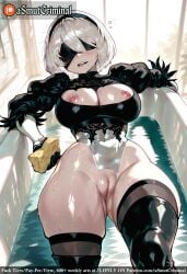 ai_generated asmutcriminal ass_visible_through_thighs black_blindfold black_hairband black_legwear blindfold boots breasts clothing_cutout feather-trimmed_sleeves feather_trim female gloves hairband highleg highleg_leotard leotard leotard_aside long_sleeves mole mole_under_mouth nipples pool puffy_sleeves pussy shiny short_hair silver_hair skindentation solo tagme thick_thighs thigh_boots thighhighs thighhighs_under_boots thighs white_gloves white_leotard yorha_no._2_type_b