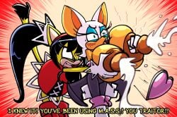 alternate_breast_size anthro anthro_female anthro_only bat_wings big_breasts blush breast_squeeze breasts breasts_bigger_than_head cat_tail female female_focus female_only furry furry_female furry_only groping honey_the_cat huge_breasts lactation milk rouge_the_bat sachasketchy sega sonic_(series) unrealistic_proportions wardrobe_malfunction