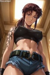 1girls ai_generated bangs black_lagoon breasts brown_eyes brown_hair clothed female female_only from_below long_hair looking_at_viewer medium_breasts navel nipples nipples_visible_through_clothing patreon ponytail revy salupai shorts solo solo_female standing tattoo topwear uncensored watermark