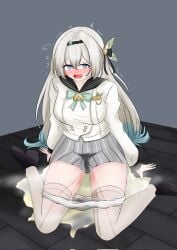1girls blush breasts female firefly_(honkai:_star_rail) honkai:_star_rail large_breasts long_hair looking_at_viewer memoire omorashi open_mouth panty_pull pee_puddle peeing peeing_self puddle seiza skirt stained_panties stained_skirt thighhighs two_tone_hair underwear wet wet_panties wet_skirt wetting wetting_self white_panties white_thighhighs
