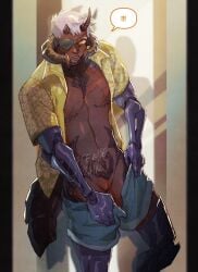 !!! 1cuntboy 2025 arknights athletic athletic_cuntboy cuntboy cuntboy_only cybernetic_arm cybernetic_limb cybernetics cyborg defensetrain digital_media_(artwork) eyepatch horn horns markings non-human one_eye_covered original original_character partially_clothed prosthetic prosthetic_arm pussy solo solo_cuntboy tail taking_clothes_off tan_body tan_skin white_hair yellow_eyes