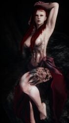 dreadlocks final_fantasy final_fantasy_xiv highlander hyur long_hair naked_breasts red_hair tattoo tattooed_female tattoos tribal