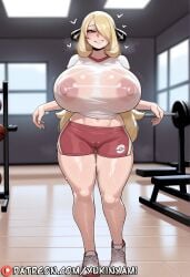 1boy 1girls ai ai_generated bedroom_eyes big_breasts blush breasts breasts_bigger_than_head clothing cynthia_(pokemon) english eyes female feminine feminine_body feminine_pose gym gym_clothes gym_shorts gym_uniform heart huge_breasts large_breasts long_hair nipples open_mouth patreon patreon_username pokemon pokemon_dppt pussy pussy_lips sexy slender straight sweat teeth text thick_thighs thighhighs thighs uncensored wet yukinyami