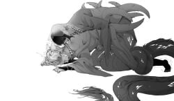 2boys all_fours anal anal_sex bead_necklace bent_over bodily_fluids cum ear_fins fangs fox_boy fox_ears fox_tail from_behind gay gintama gintoki_sakata implied_anal japanese_text kemonomimi kgymkou1205 kimono kitsune kyuubi male merfolk merman monochrome multi_tail no_visible_genitalia official_alternate_costume sweat tail_grab takasugi_shinsuke yaoi youkai