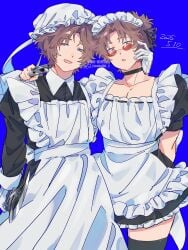 2boys alternate_costume apron black_legwear black_thighhighs blue_background blue_eyes bonnet brown_hair choker clone crossdressing curly_hair dual_persona frills fully_clothed gintama gun katana looking_at_viewer maid maid_headdress maid_uniform male male_only masculine_crossdresser mukai00_2 sakamoto_tatsuma smile sunglasses sword thighhighs twink weapon white_gloves zettai_ryouiki