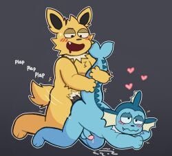anal anal_orgasm anal_sex anthro anthro_on_anthro balls blue_body blush blush_lines bodily_fluids cum cum_on_ground doggy_style duo eeveelution ejaculation fish_tail from_behind_position fucked_silly fur generation_1_pokemon genital_fluids genitals hands-free heart_symbol hi_res jolteon looking_pleasured male male/male nighttime_fishy nintendo orgasm penetration penis plap pokemon pokemon_(species) sex tail tail_hug vaporeon yellow_body yellow_fur