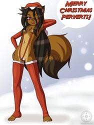 2015 anthro big_clitoris bikini black_hair blush brown_fur chest_tuft christmas clitoris clothing elbow_gloves flat_chested fur gloves hair hat holidays legwear long_hair mammal navel nipple_piercing nipples one_eye_closed outside piercing purple_eyes pussy pussy_juice santa_hat sling_bikini snow swimsuit tanuki tanukiyasha thigh_highs tongue tongue_out tuft wink young